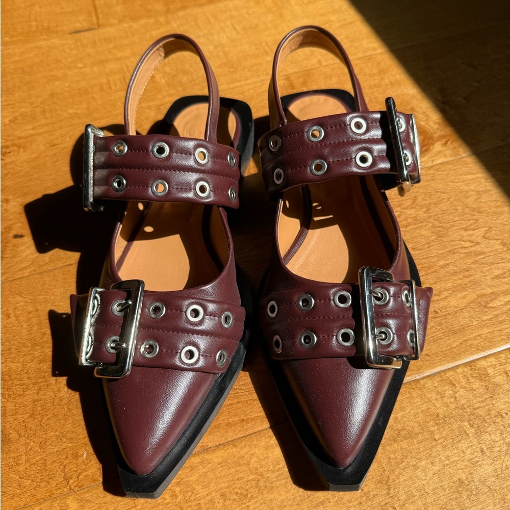 Ganni Burgundy Buckle Ballerinas